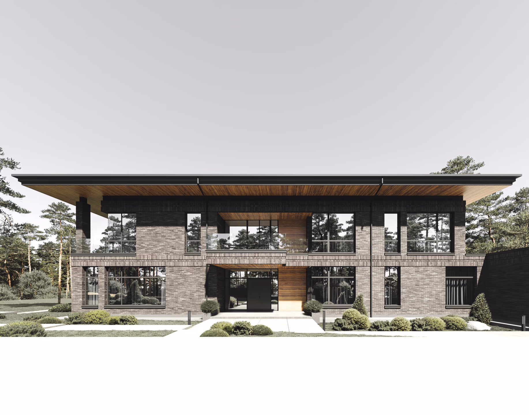 Современный частный дом в окружении хвойного леса